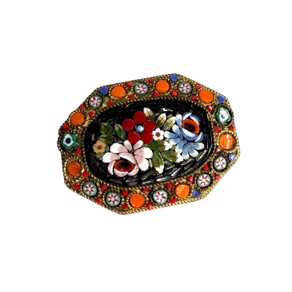 Vintage Micro Mosaic Brooch Italian Florentine Pin Signed Italy Floral Feminine